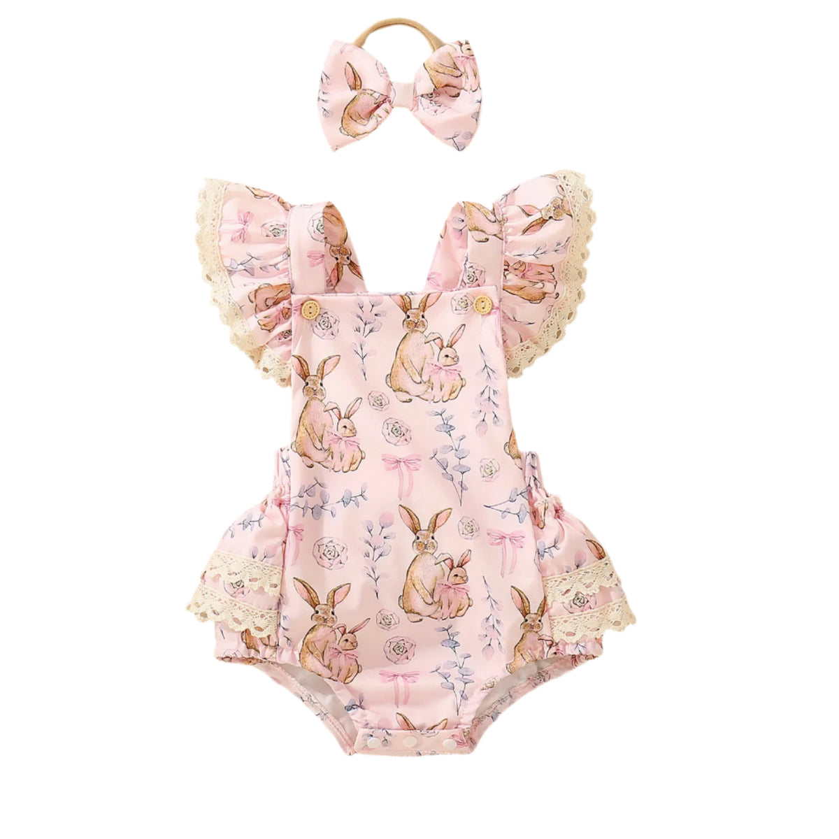 Lace Trim Bunny Romper Set | Pink (CLEARANCE)