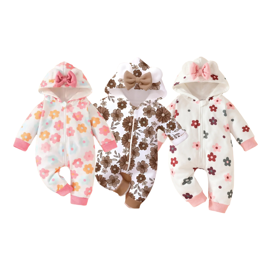 Ear Hooded Zip Floral Romper | 3 Colours