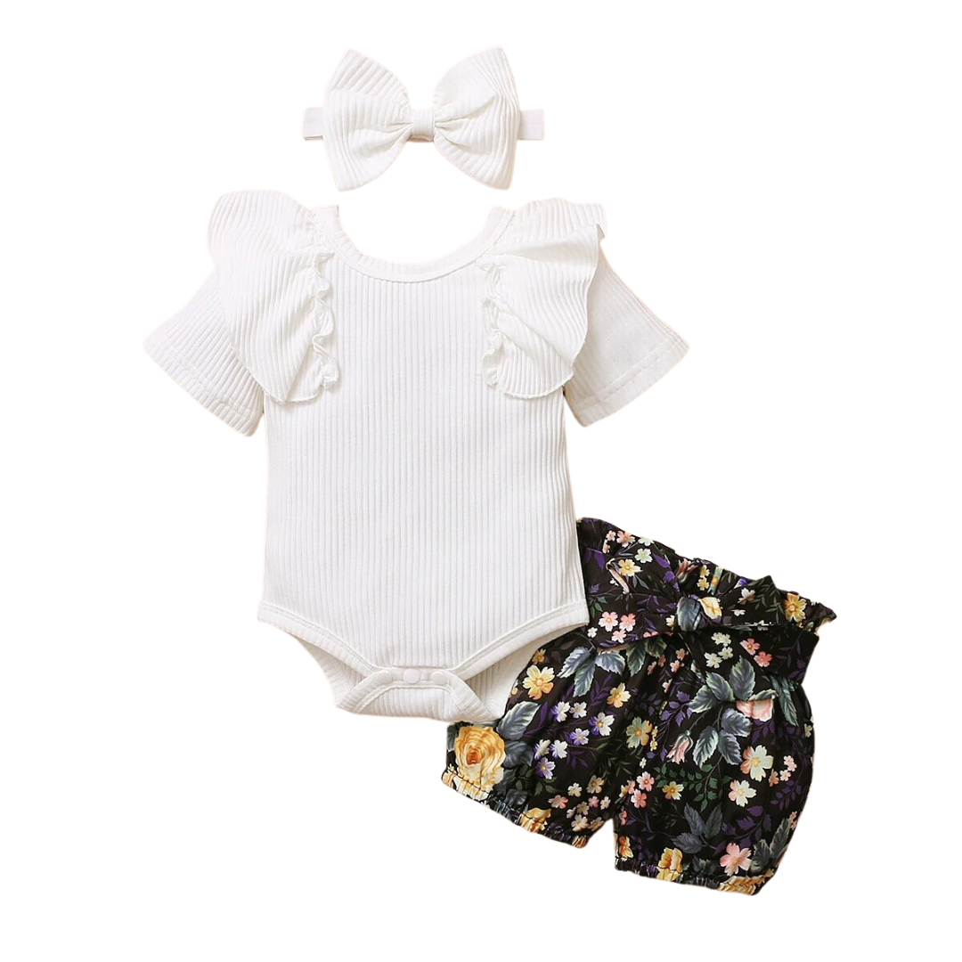 Ruffle Bodysuit & Printed Shorties | White