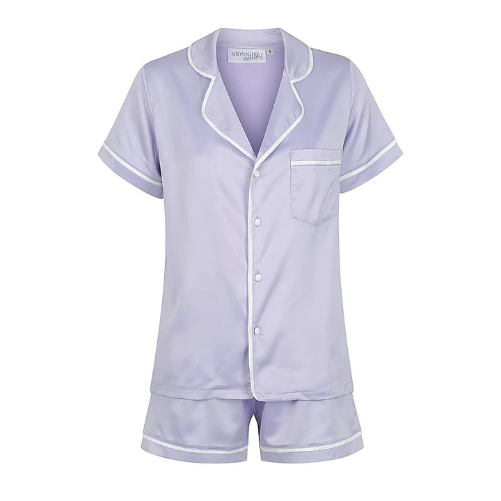 Midnight Mischief - Baby & Kids Luxe Satin Personalised Short Sleeve Pyjama Set | Purple & White