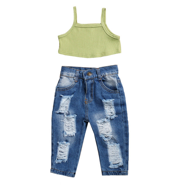 Ribbed Crop Jeans Set | Green