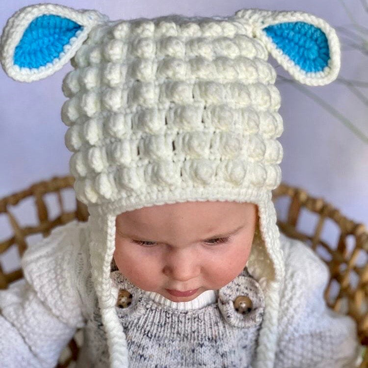 Tinker Tot Baby - Handmade Crochet Beanie – Lamb with Baby Blue Ears